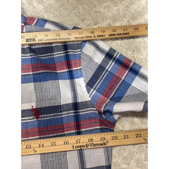 US Polo Assn Mens XS Short Sleeve Plaid Button Down Shirt Red White Blue Stretch - Picture 4 of 14